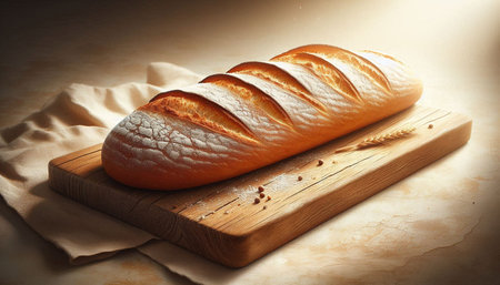 Freshly baked loaf of white bread on a wooden cutting board.