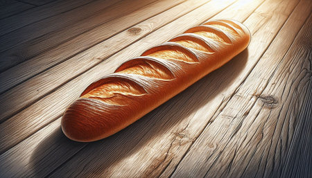 3d rendering of a loaf of bread on a wooden background.