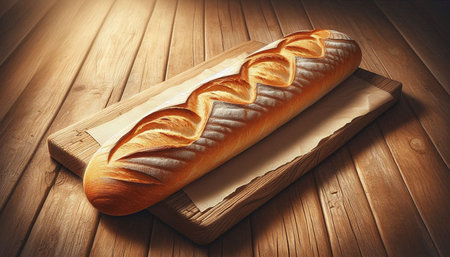 French baguette on a cutting board on a wooden background.