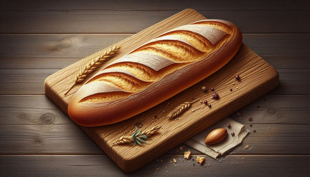 Fresh loaf of bread on a wooden board. 3d illustration.