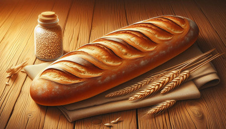 Bread and wheat on a wooden background. 3d illustration.