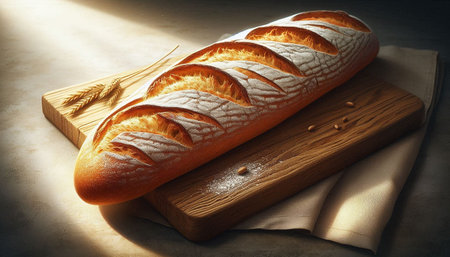 Freshly baked loaf of bread on wooden cutting board. Toned.