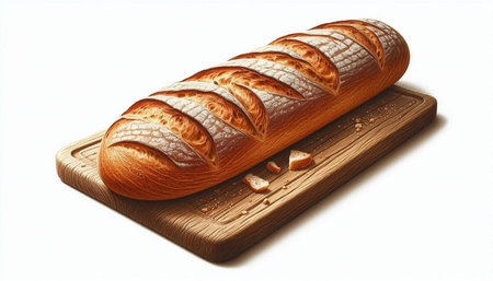 Loaf of bread on wooden cutting board isolated on white background.