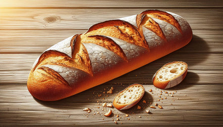 Freshly baked baguette on wooden background. Toned.