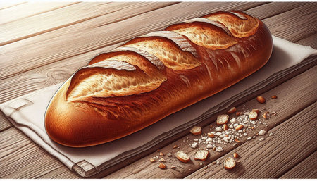 Loaf of bread on a wooden background. 3d illustration.