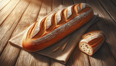 Freshly baked bread on a wooden table. 3d rendering.