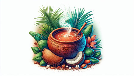 Illustration of ayurvedic tea in clay pot with ingredients on white background