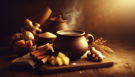 Cup of tea with ginger, cinnamon and honey on wooden background
