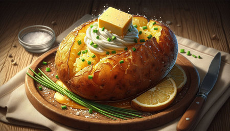 Baked potato with butter, chives and lemon on wooden board