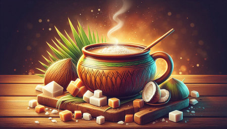 Cup of coffee with sugar cubes and palm leaf on wooden table