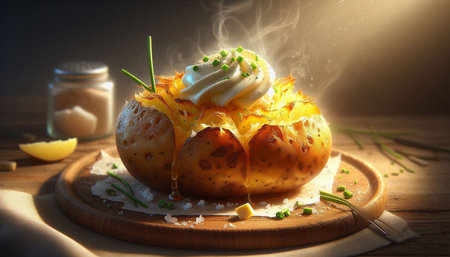 Baked potato with butter and chives on a wooden board.