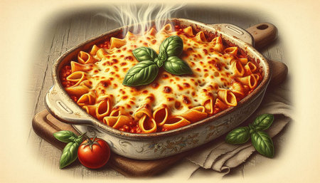 Pasta with mozzarella and tomato sauce in a baking dish