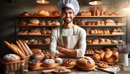 Portrait of a smiling male baker standing with arms crossed in bakery