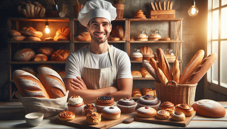 Handsome young male baker in uniform is standing with crossed arms and smiling while working in...