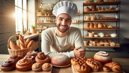 Handsome male baker in uniform and hat is looking at camera and smiling while working in bakery