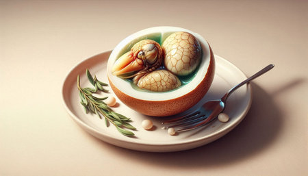 Close up of boiled octopus in eggshell with olive branch on plate