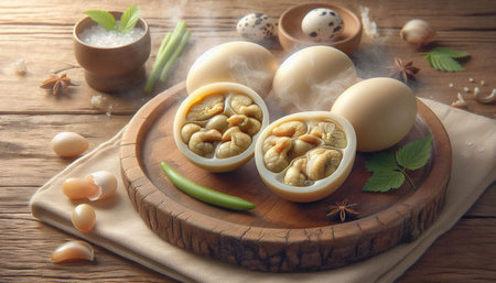 Boiled eggs with nuts on a wooden background. Rustic style.