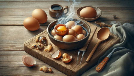 Eggs in bowl on wooden background. Healthy food concept.