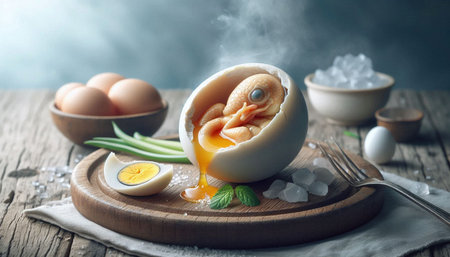 Boiled egg with duck in the shell on a wooden background.