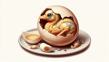 Illustration of a chicken hatched from an eggshell with some eggs