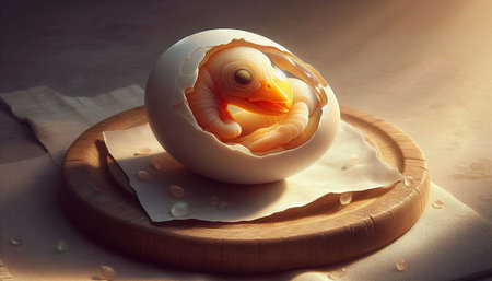 Egg with duckling on a wooden table. Vintage style.