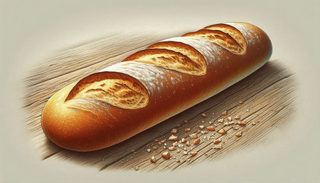 3d illustration of a baguette on a wooden table.