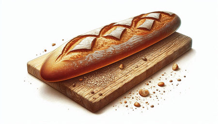 Bread on a wooden cutting board isolated on a white background.
