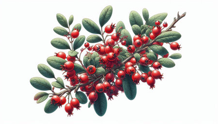 Hawthorn branch with red berries and green leaves isolated on white background