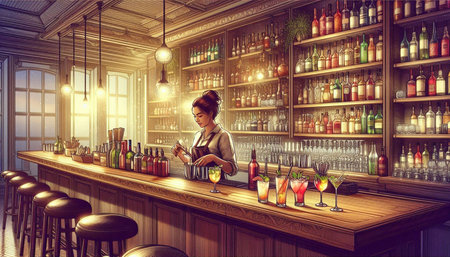 Attractive businesswoman sitting at bar counter and making cocktail. Mixed media