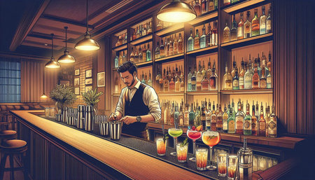 Barman making cocktail at counter in pub or restaurant. 3D rendering
