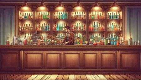Illustration of a bar counter with a bartender in the background.