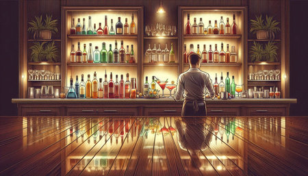Young barman standing in front of the bar counter. Mixed media