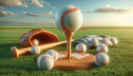 Baseball field with ball and bat. 3d render illustration.