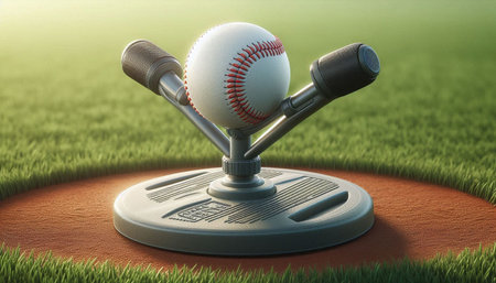 Baseball and microphone on the baseball field. 3d illustration.