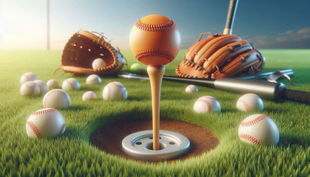 Baseball equipment and ball on green grass field. 3d illustration