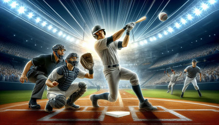 Baseball players in action on stadium. Mixed media. Mixed media
