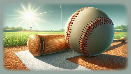 Baseball ball and bat on the field. 3D illustration.