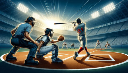 Baseball players in action at stadium. 3D rendering illustration.