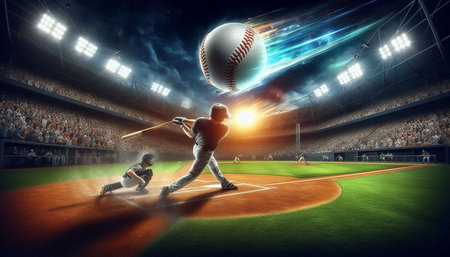 Baseball players in action at the stadium. Mixed media. Mixed media