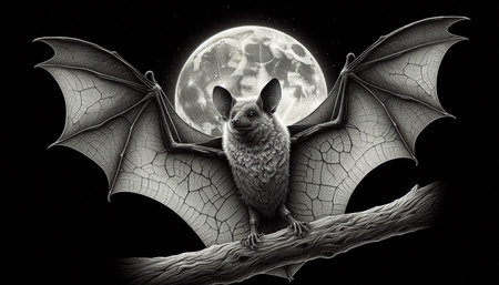 Halloween background with bats and full moon. Black and white.