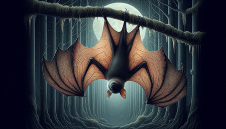 Halloween bats flying in the dark forest. 3D rendering.