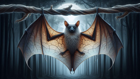 3D rendering of a bat hanging on a rope in the forest