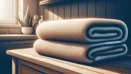 Close up of a stack of clean towels on a wooden shelf in a bathroom. 3d rendering