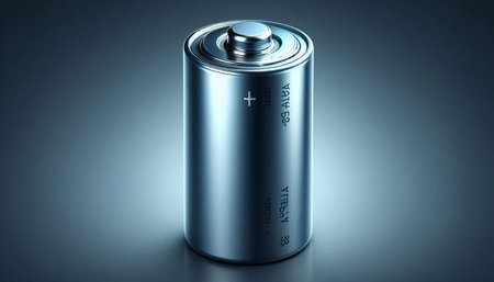 3d rendering of a battery on a dark blue background with reflection