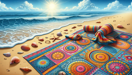 Beach towel and seashells on sandy beach. 3d render