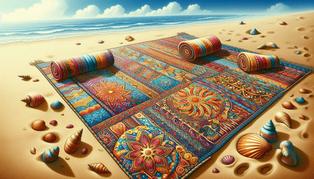 3d illustration of a colorful carpet on the beach with seashells