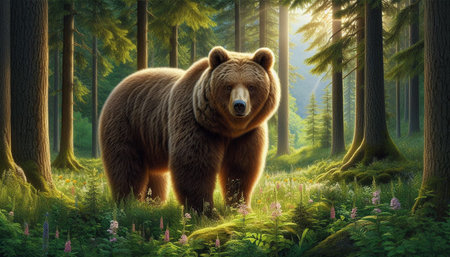 Grizzly bear in the forest. 3D render.