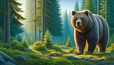 3D Illustration of a Grizzly Bear in a Pine Forest