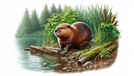 Cute beaver on the bank of the river. Illustration