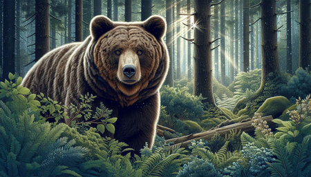 Grizzly bear in the forest. 3D illustration.